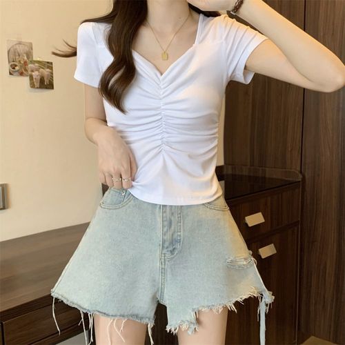 Ladies' sleeveless t-shirt with square neck, short style, tight fit, summer, high-waisted, showing navel, pleated large collar top