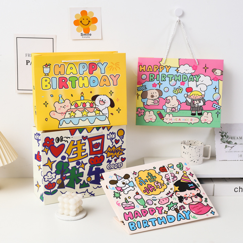 Cute cartoon graffiti birthday gift wrapping paper bag thickened white cardboard gift bag can hold shoe box handbag