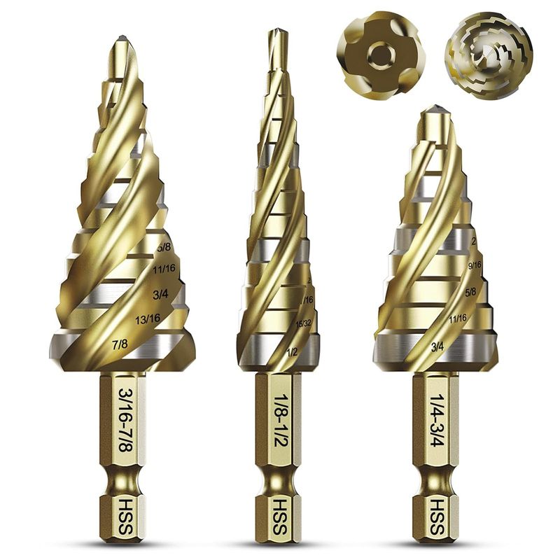 四螺旋槽阶梯钻头套装5PCS 1/8"-1-3/8" 1/4"3/8"高速钢金属钻头|undefined