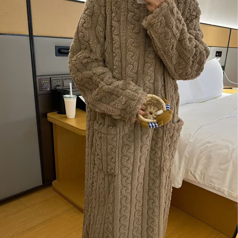 珊瑚绒睡裙女秋冬款大码提花舒棉绒睡衣保暖家居服中长款浴袍裙子|undefined