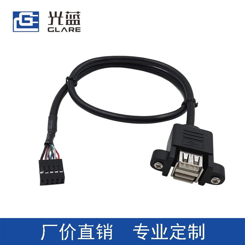 杜邦2.54端子线 双头USB转9P端子线面板固定 双口USB带耳朵连接线