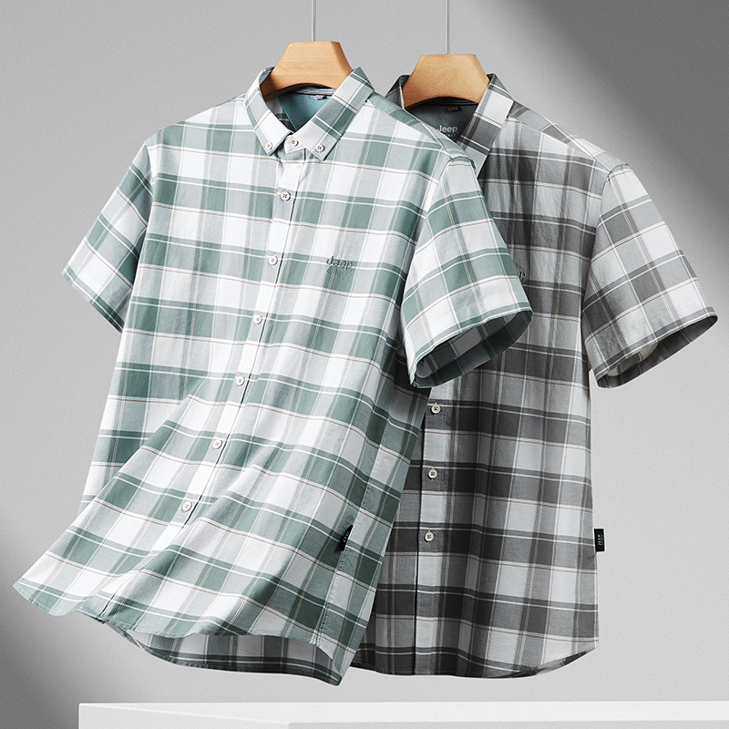 JEEP SPIRIT 2024夏季新款牛津纺弹力短袖衬衫修身休闲弹力格子衫