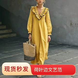 2026春秋亚马逊欧美跨境法式春泡泡袖秋新款V领长袖荷叶边连衣裙