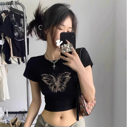 French sweet babes short short-sleeved t-shirt women's new style unique and chic slim design beautiful waist top