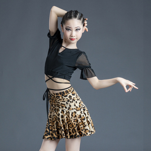 Girls latin dance dresses lepard Children's Latin dance skirt modern salsa rumba ballroom dancing costumes stage performance clothing