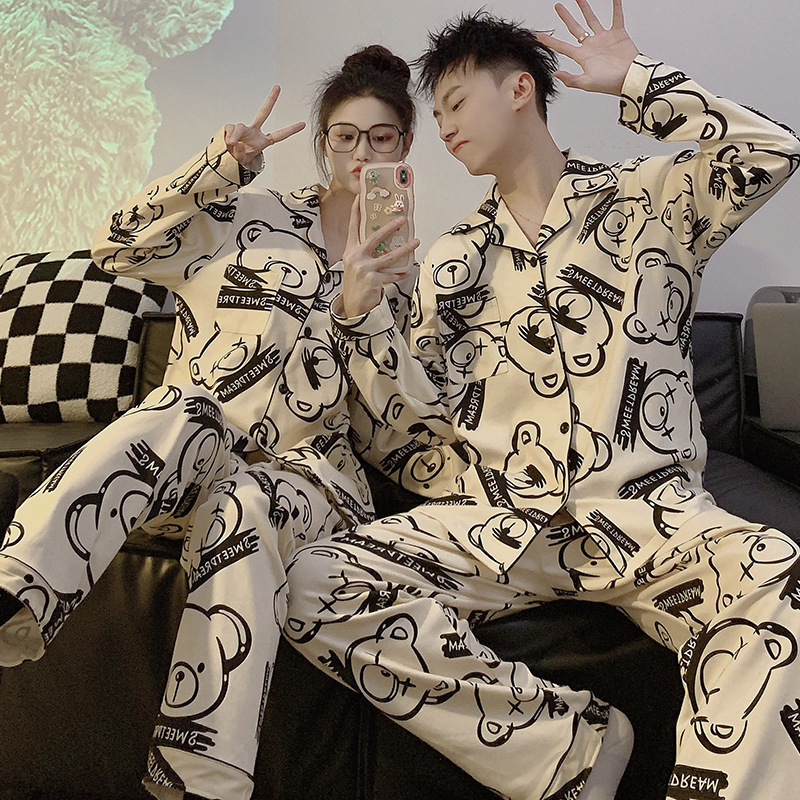 Pijamas de pareja de dragón negro primavera y otoño de manga larga de algodón puro de las mujeres 2024