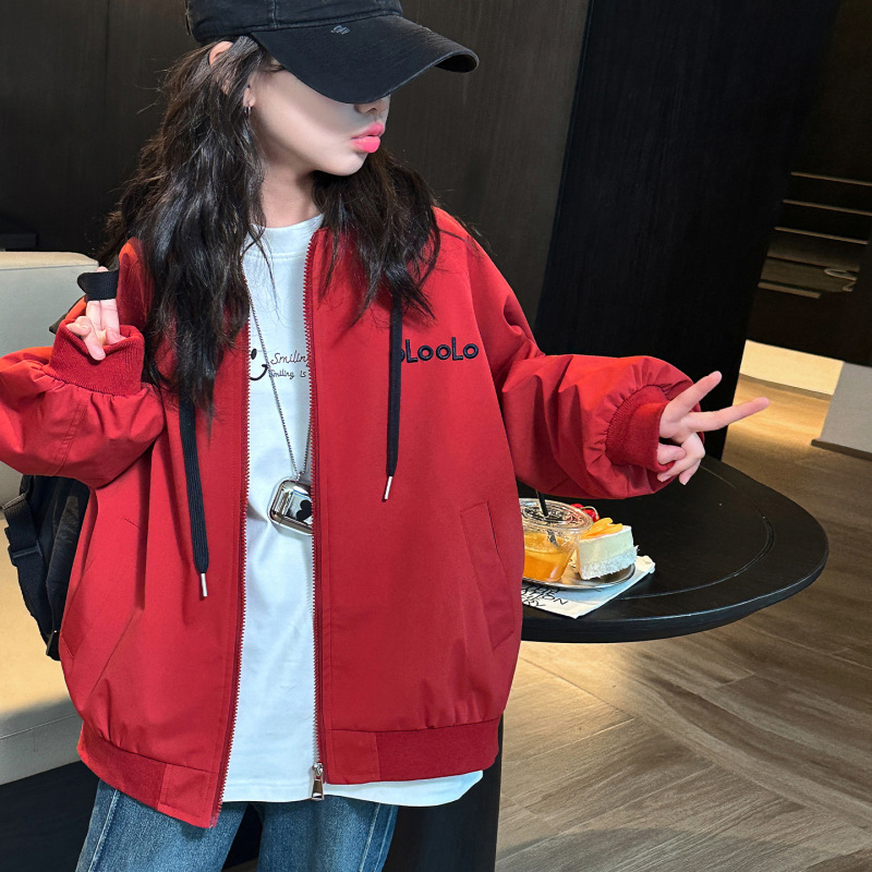 女童红色外套连帽秋季2025新款儿童秋装洋气时髦女大童夹克春秋款|undefined
