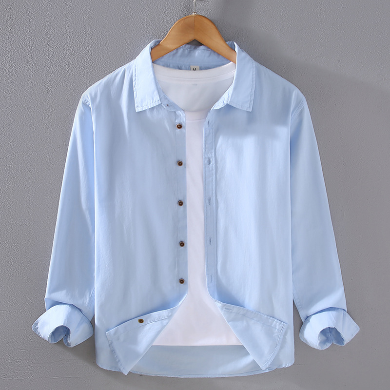 Camicia da uomo bianca versatile primavera ed estate a maniche lunghe sottili giapponesi_voghion.com