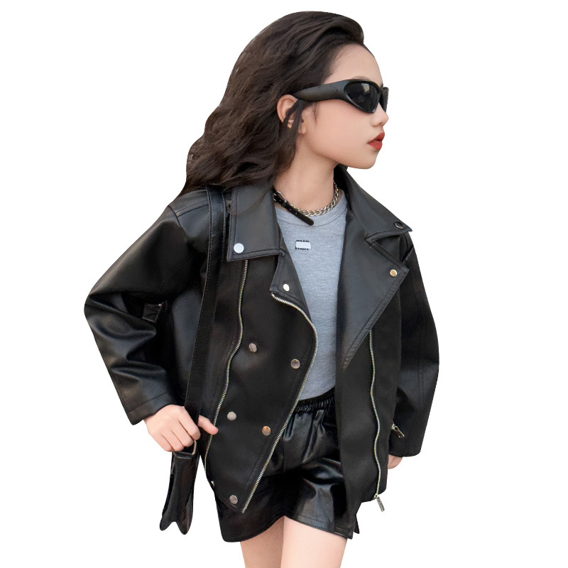 Children's Motorcycle Leather Jacket 2025 New Girls Trendy PU Leather Jacket European And American Large Size Girl Leather Coat_voghion.com