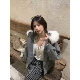 现货甜美通勤慵懒风毛领连帽卫衣外套女秋冬款宽松外贸零售批发