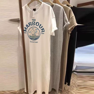 大版2025夏季新款纯棉短袖t恤长裙女宽松大码胖MM中长过膝连衣裙