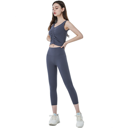 Summer Thin Butt Lifting Yoga Pants Women's Tight Pocket Three-Point Fitness Pants High Waist Tummy Control European and American Breathable Sports Pants