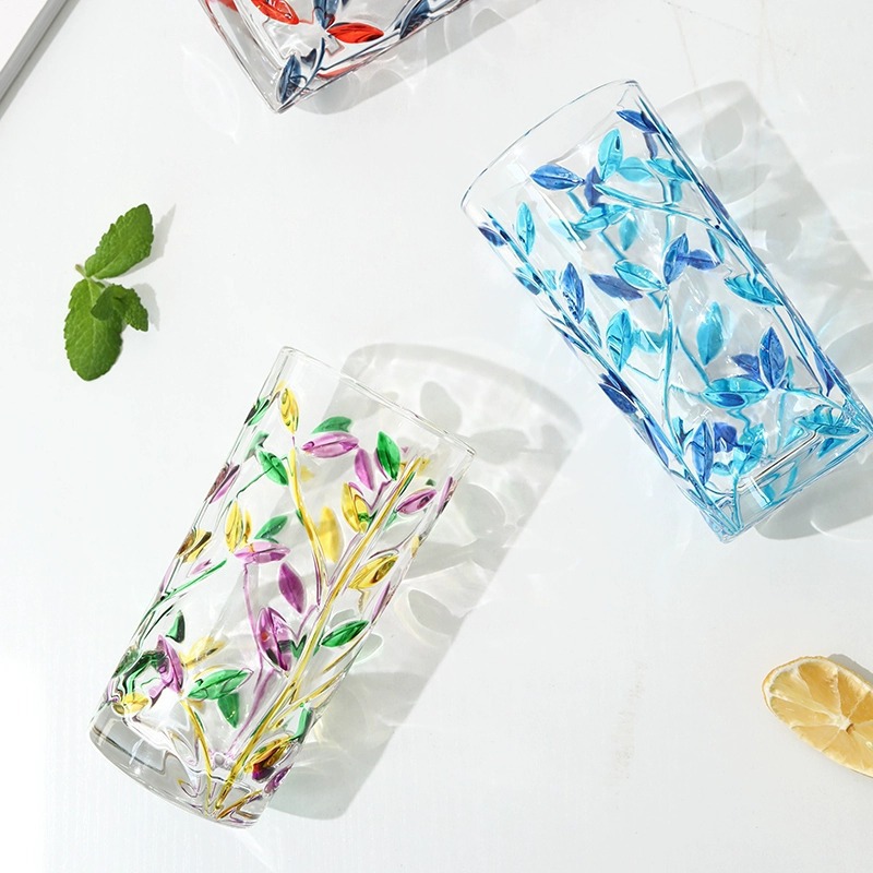 創意手工彩繪樹枝玻璃杯刻花水杯ins浮雕彩色樹葉杯子帶貨