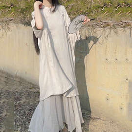 棉麻文艺复古斜襟盘扣禅意短袖连衣裙子女2025新款夏天新中式茶服