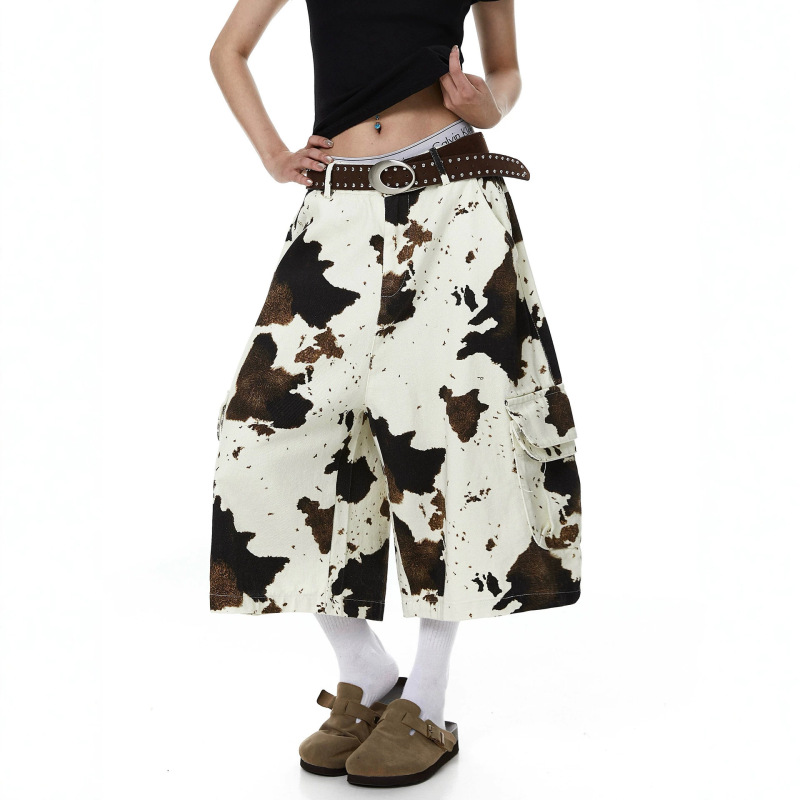 Amazon 2026 Women's Summer American Style Cow Print Camouflage Workwear Capri Pants Versatile Jeans in Stock