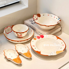 海派のごキャラの手描きの釉薬の下の陶磁器の味の皿のご飯の碗のスープの麺のスープの深い皿の浮き彫りの食器