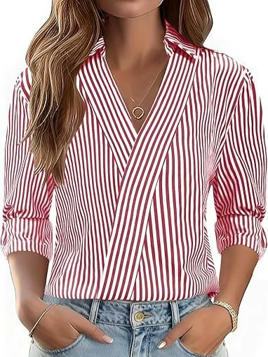 2026 European and American Cross-Border Women's Striped Three-Quarter Sleeve V-Neck Collared Fashion Business Casual Work Shirt Vacation Wear