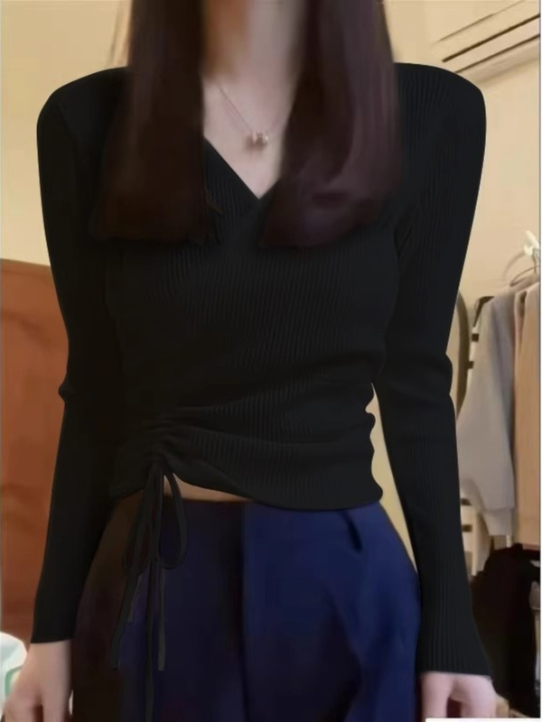 秋冬修身短款v领长袖针织衫毛衣女内搭洋气别致漂亮的打底衫上衣|undefined