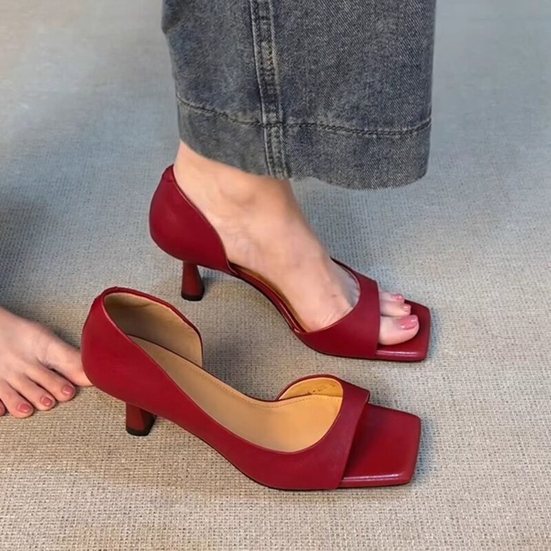 Fashionable French-Style Soft Leather Open-Toe Square-Toe Slip-On High Heels for Women, Summer Fashion Versatile Elegant Stiletto Sandals