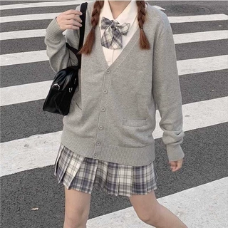 日系开衫v领外穿简约百搭可爱秋冬制服百搭学生宽松毛衣搭格裙女