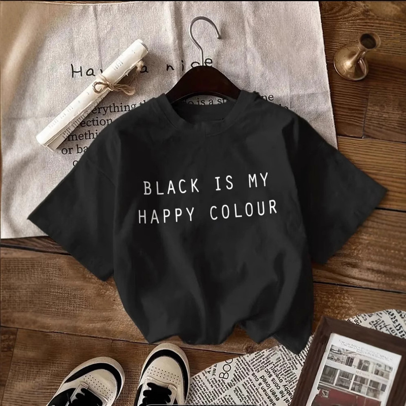 Cross-Border 200g Pure Cotton Three-Needle Black Is My Happy Color Printed Short-Sleeved T-Shirt for Women