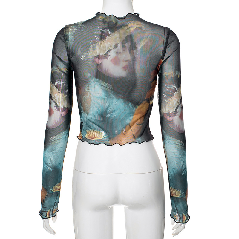Girl Print Design Transparent Long Sleeves Cropped Top Long Skirt Women Suit