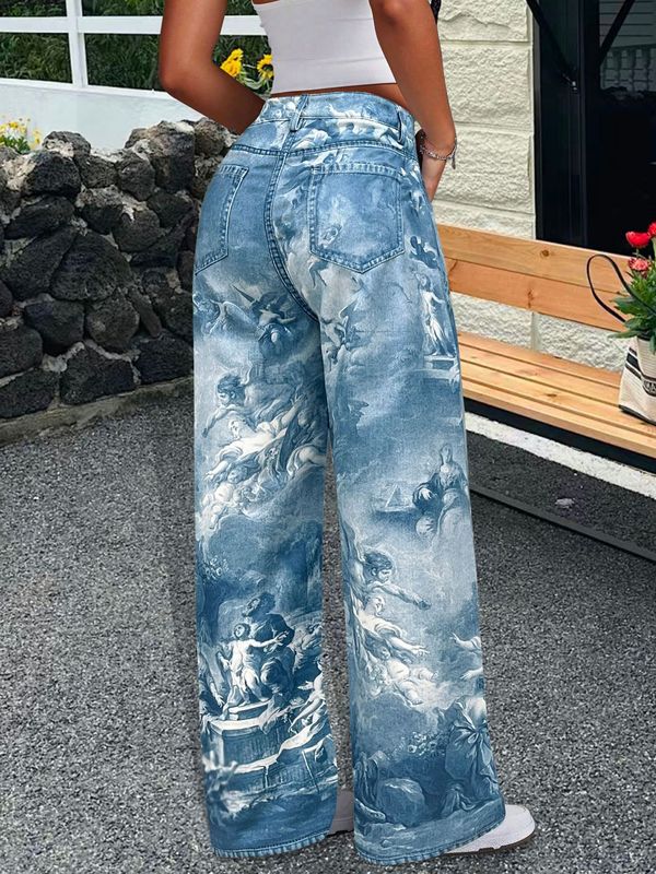跨境欧美复古花卉阔腿牛仔裤女夏季中腰设计感小众印花直筒裤N021|undefined
