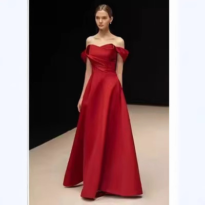 Satin Toast Dress Bride French Temperament Elegant Off Shoulder wine red Engagement Wedding Evening Dress Dress Wholesale