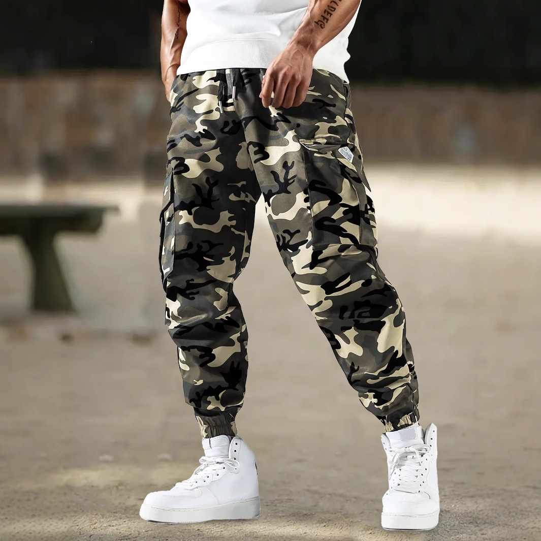 Herrenbekleidung Herren-Cargohose im Camouflage-Look, lässige, lange Hose mit Seitentaschen, Freizeithose für Outdoor-Aktivitäten_voghion.com