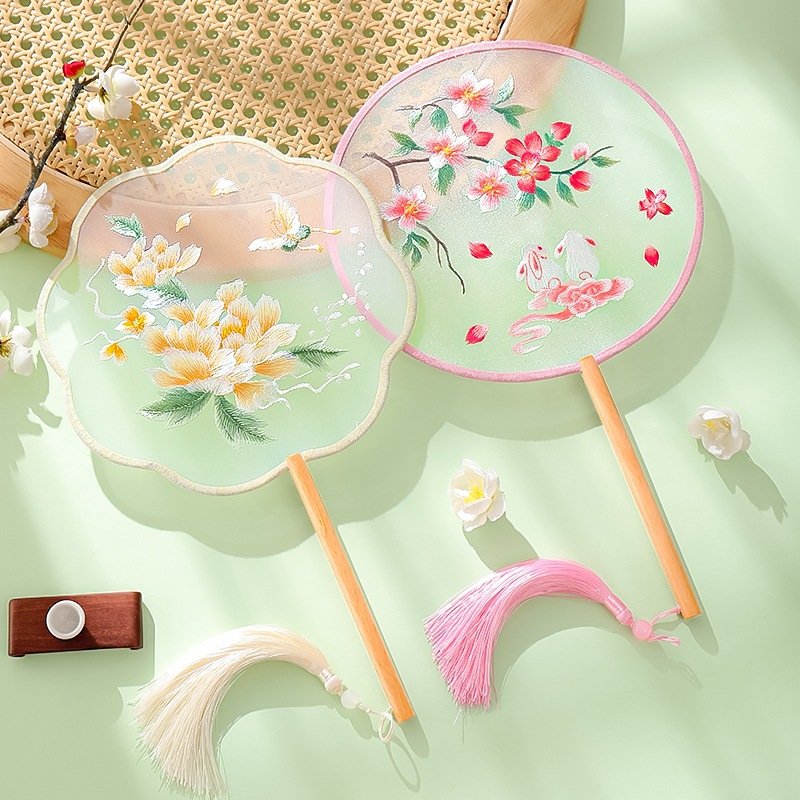 Fan de grupo bordado antiguo ventilador de baile chino estilo Han cheongsam doble cara Suzhou bordado ventilador redondo de danza infantil al por mayor