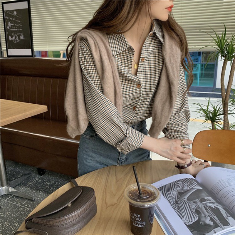 프랑스 스타일 격자 무늬 폴로 칼라 긴 소매 셔츠 여성의 가을 착용 2025 새로운 한국 스타일 느슨한 슬림 룩 올매치 탑 트렌디