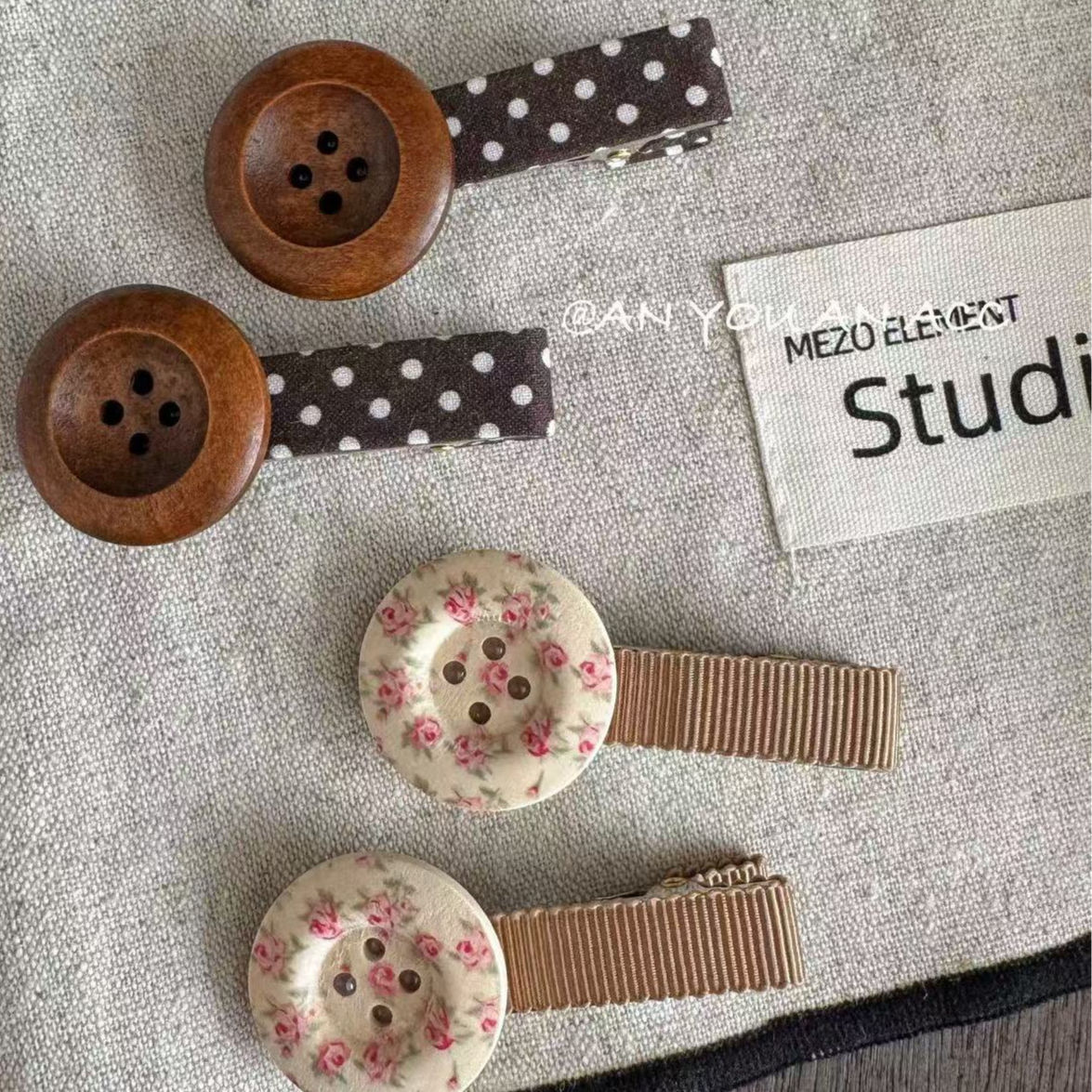 Forest-Style Niche Ins Wooden Grain Floral Polka Dot Button Hairpin Baby Clip Bangs Clip Children's Handmade Hair Accessory