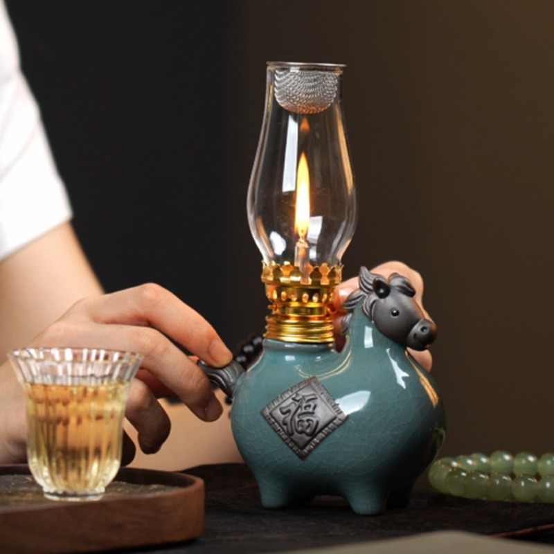 国风陶瓷酥油灯茶室长明灯家用灯调节酒精罐盏煤油灯摆件氛围灯盏