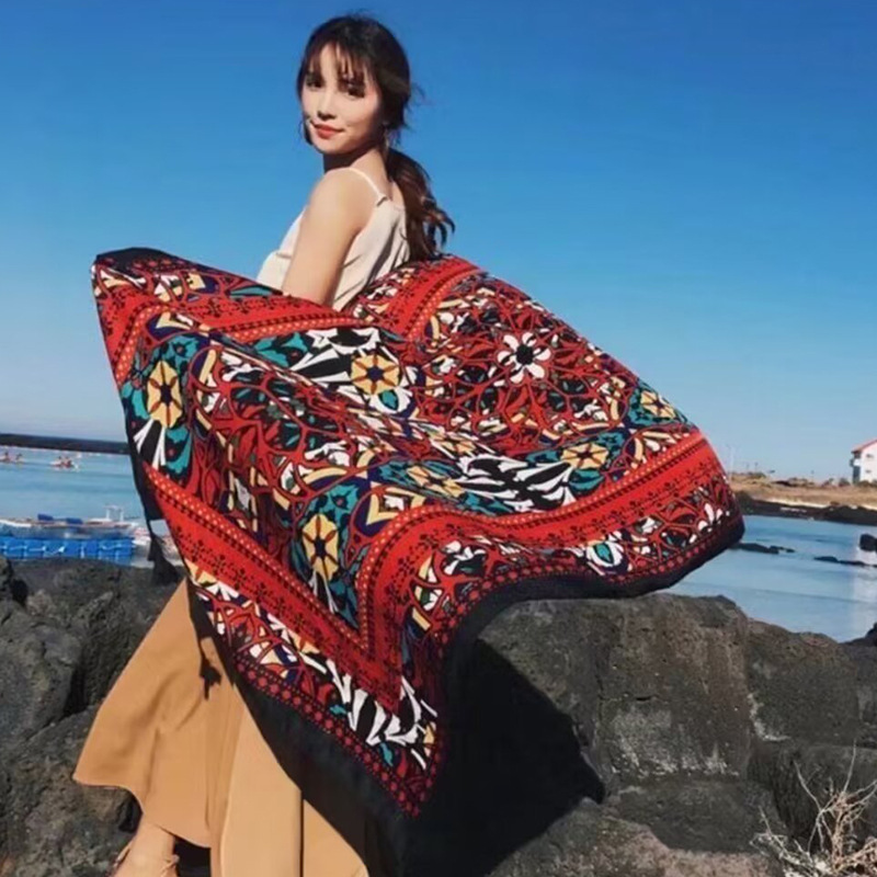 Sopa de satén de twill para mujeres 2025 bufandas de viento nacional de verano tibetanas bufandas de seda protector solar lago Qinghai turismo foto toalla de playa