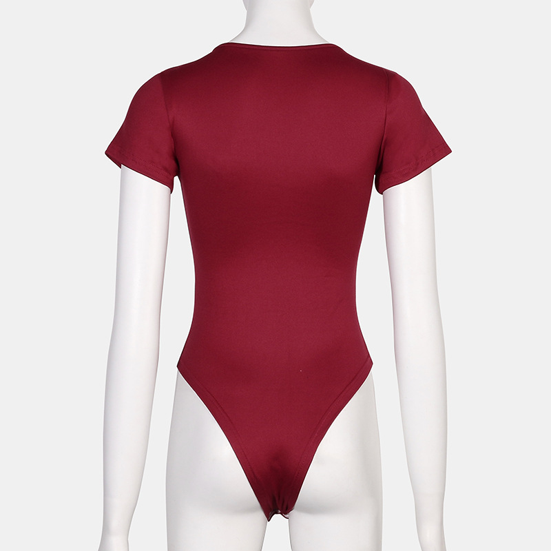 俄罗斯跨境外贸圆领短袖T恤紧身衣连体上衣纯色勒逼连体衣女性感阿里巴巴