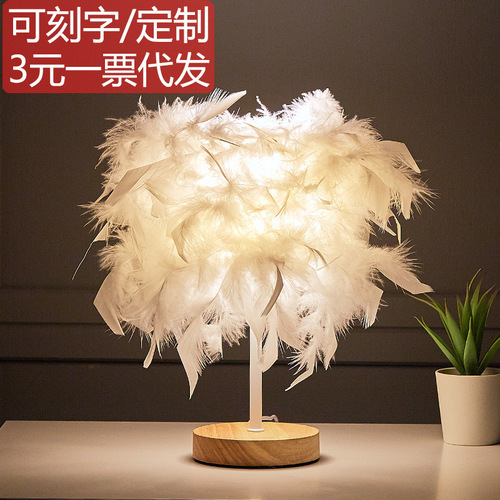 Warm small table lamp Nordic romantic creative feather lamp wedding room internet celebrity lamp ins girl bedroom bedside lamp