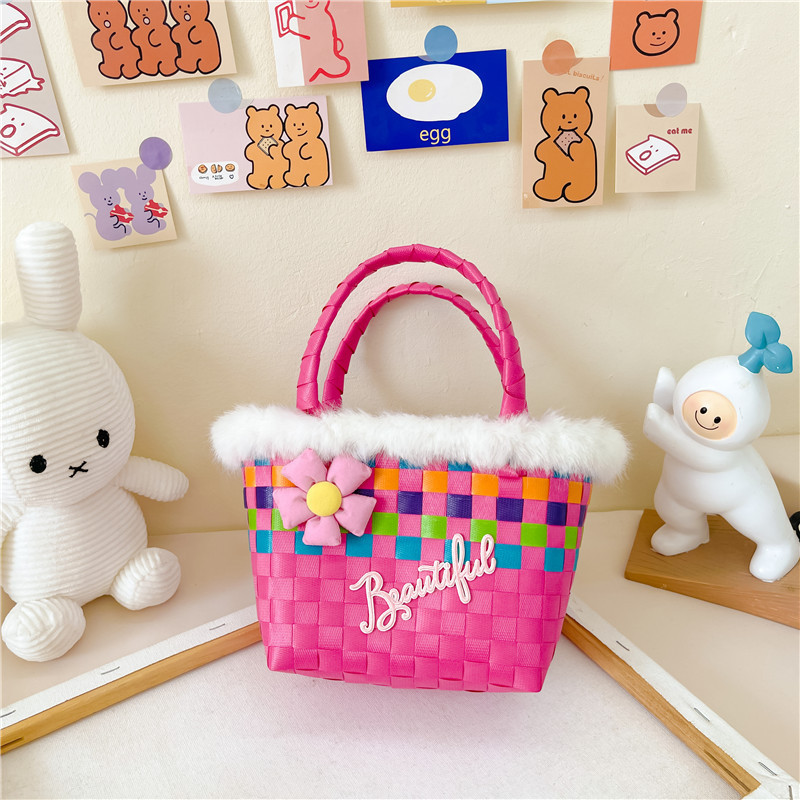 Nueva cesta de alimentos Internet celebridad bolso mano-llevar a cuadros Arco Iris tejido pequeño bolso cuadrado de las niñas de dibujos animados de ajedrez bandeja de almacenamiento bolsa