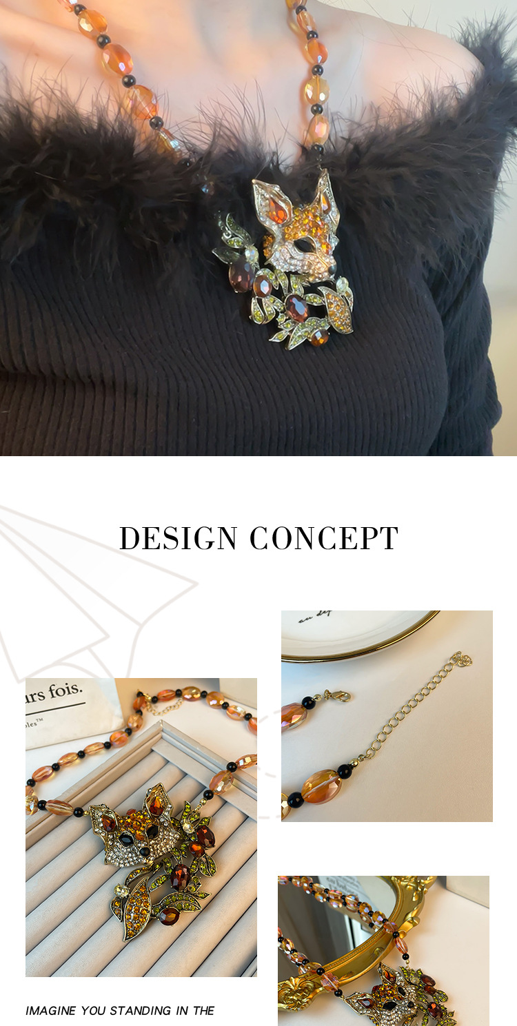 Exaggerated Diamond Studded Personalized Necklace, Three-dimensional Unique Crystal Neck Decoration, Cute Little Fox Sweater Chain Accessories_voghion.com