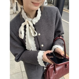 Pphome French Hepburn Style Bow Woolen Outwear Women's Autumn and Winter Woolen Outwear Suit Dress