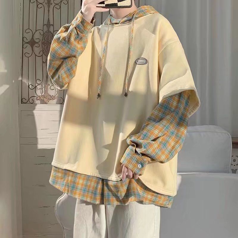 Áo hoodie giả hai chiếc áo liền mũ mùa thu cho nam áo khoác đường phố nổi tiếng instagram đẹp trai thời trang cỡ lớn rộng rãi xuân thu