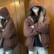 春夏座山雕加厚棉服外套男士潮牌连帽毛绒加绒保暖棉衣女