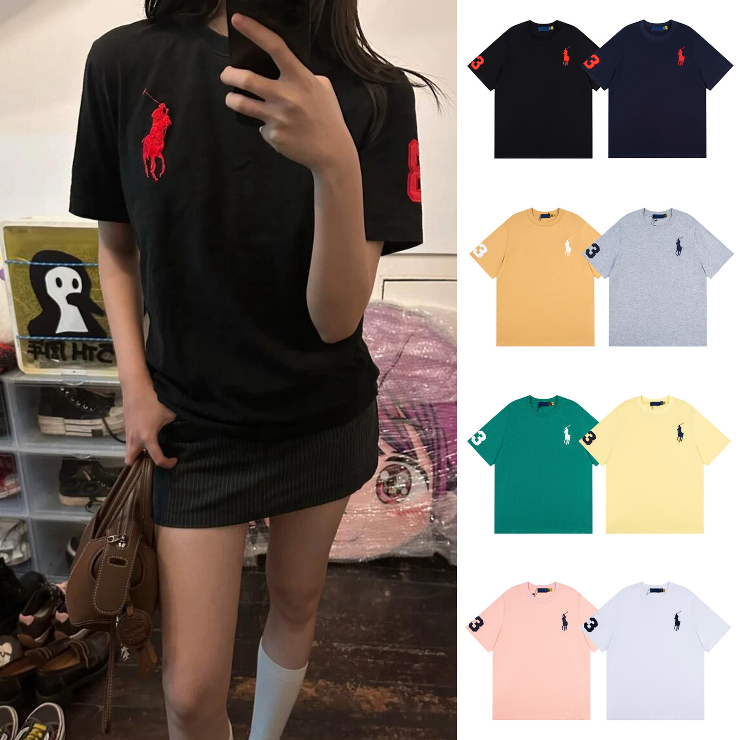 Scan-to-read classic 25ss summer embroidered horse logo round neck unisex short-sleeved shirt