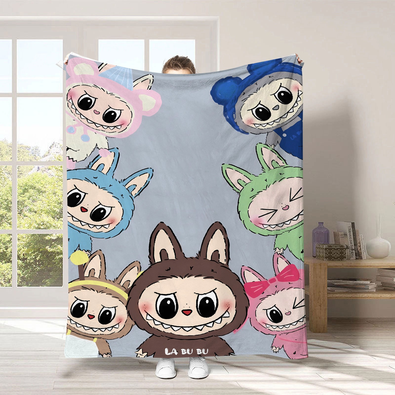 外贸跨境可爱拉布布毛毯卡通泡泡玛特a法兰绒空调夏季贝贝绒午休