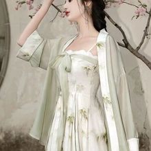 新中式国风套装女夏季森系两穿竹叶吊带连衣裙防晒开衫两件套