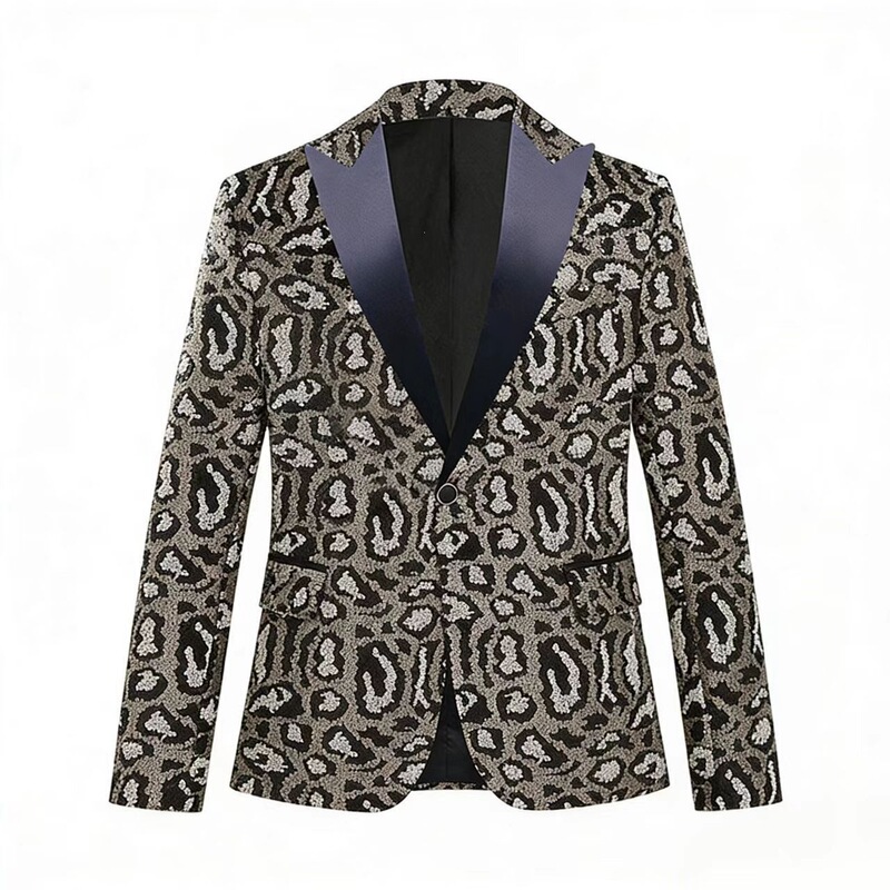 Cross-border US size leopard print sequin suit performance outfit for men, sequin stage costume, performance clothing, leopard print jacket, plus size