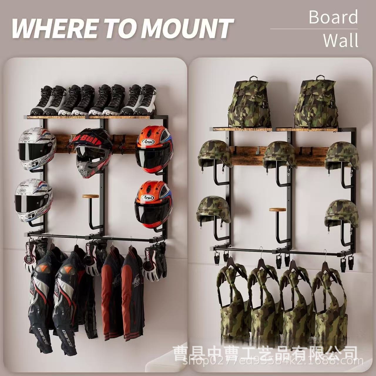 Motorcycle Helmet Rack with Multiple J-Shaped Hooks and Clip Hooks, Wall-Mounted Helmet Holder, Small Off-Road Helmet Stand
