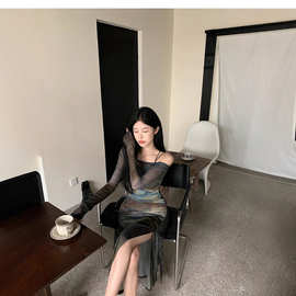 法式纯欲性感网纱扎染连衣裙女早秋感小个子气质收腰开叉长裙