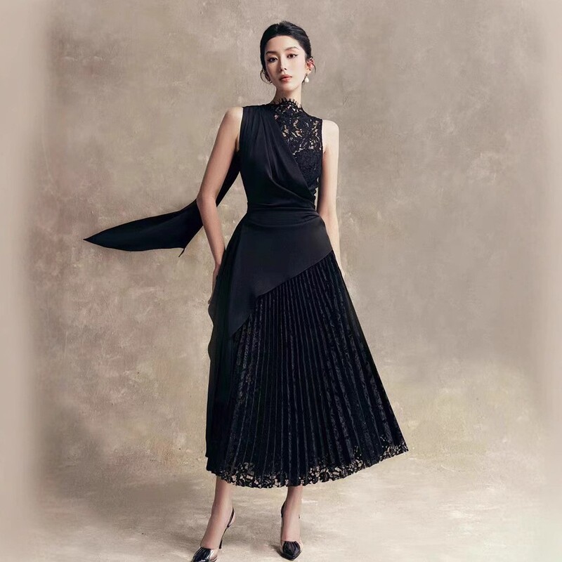 In-Stock Vietnamese Niche Designer Ribbon Lace Splicing Pleated Dress New Design Niche Long Dress for Women In-Stock Vietnamese Niche Designer Ribbon Lace Splicing Pleated Dress New Design Niche Long Dress for Women