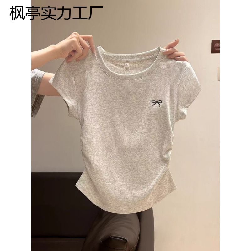 ピュアコットン右肩ラウンドネック半袖Tシャツレディース夏新作プリーツウエストデザインスリムショートプリントトップ|undefined