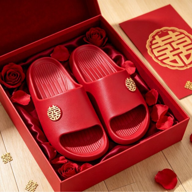 Wedding slippers, festive red, a pair for couples, suitable for weddings, as part of a bridal set, indoor, non-slip, lightweight, and perfect for the bathroom Wedding slippers, festive red, a pair for couples, suitable for weddings, as part of a bridal set, indoor, non-slip, lightweight, and perfect for the bathroom